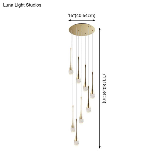 Modern Brass Crystal Hanging Led Pendant Lights - Long Cone Cascade Design For Stairwell