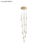 Brass Crystal Cone Pendant Light Set With Long Led Cascade - Perfect For Stairwell