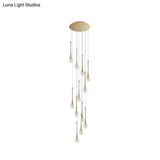 Modern Brass Crystal Hanging Led Pendant Lights - Long Cone Cascade Design For Stairwell 12 /