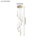 Brass Crystal Cone Pendant Light Set With Long Led Cascade - Perfect For Stairwell
