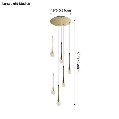 Brass Crystal Cone Pendant Light Set With Long Led Cascade - Perfect For Stairwell