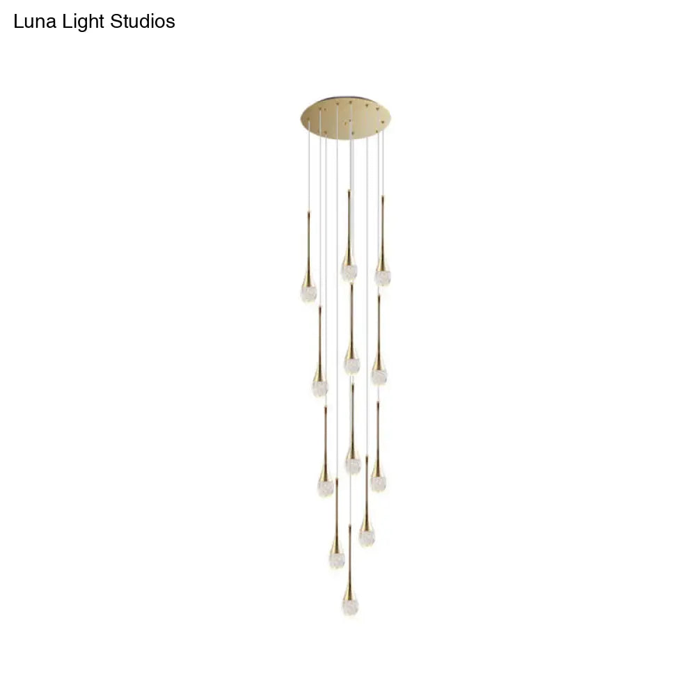 Modern Brass Crystal Hanging Led Pendant Lights - Long Cone Cascade Design For Stairwell