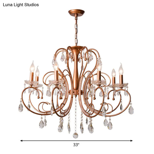 Brass Crystal Curvy Chandelier Lamp With Countryside Charm - 3/6/8 Lights