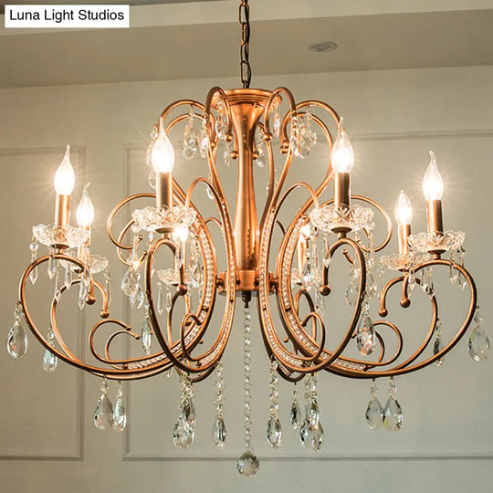 Brass Crystal Curvy Chandelier Lamp With Countryside Charm - 3/6/8 Lights