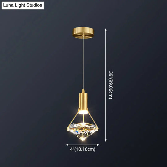 Modern Brass Crystal Pendant Light With Diamond Design - Led Bedroom Ceiling Lighting