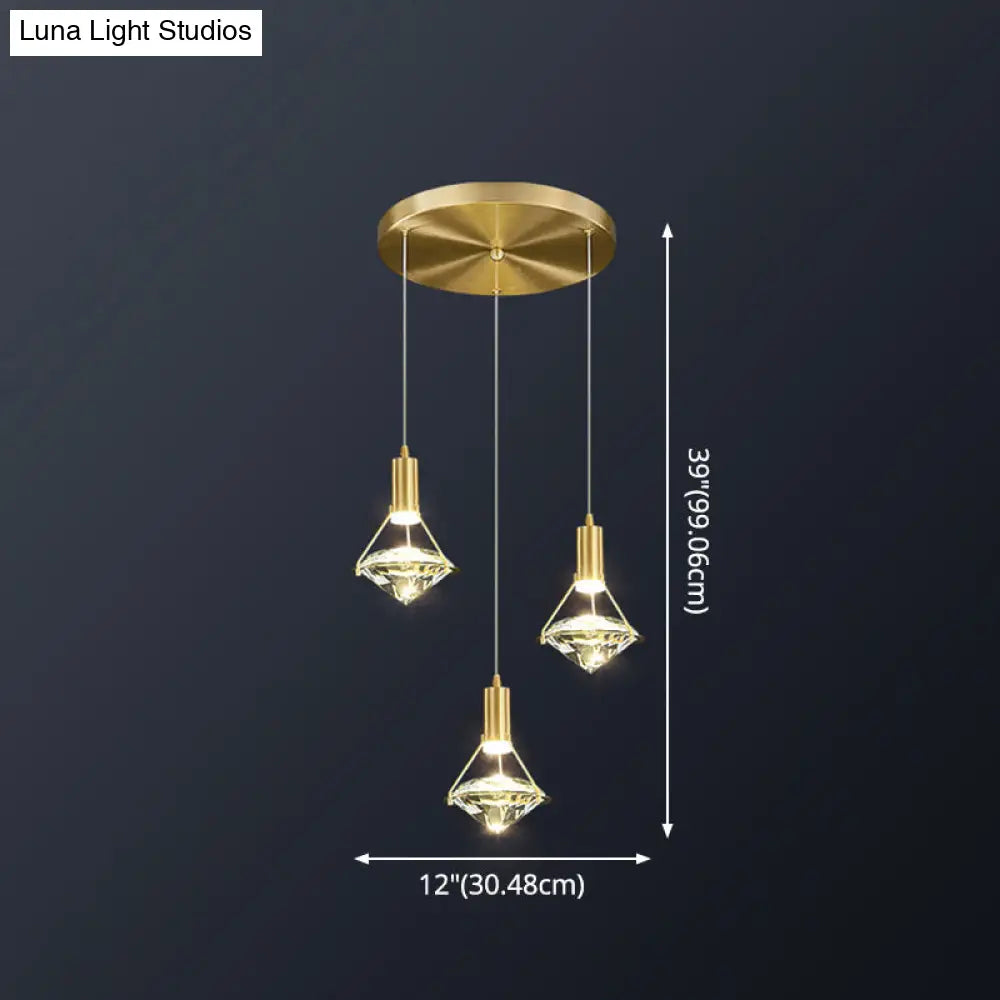 Modern Brass Crystal Pendant Light With Diamond Design - Led Bedroom Ceiling Lighting
