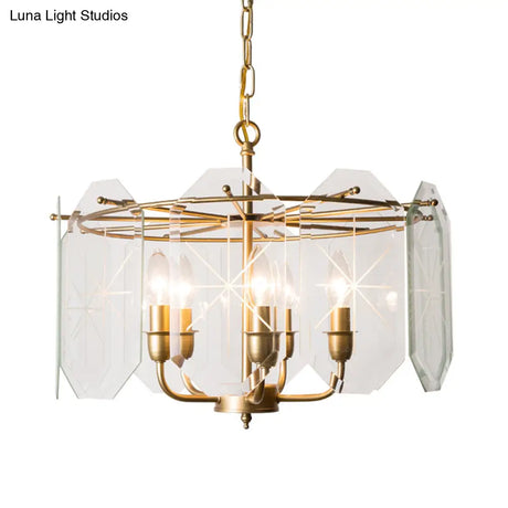 Brass Cylinder Ceiling Chandelier With Clear Glass Modern Design 5 Heads Hanging Light Fixture -