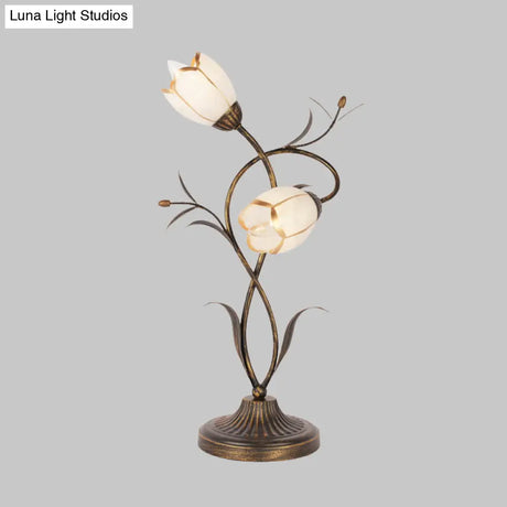 Brass Desk Lamp: 2 Light Bedroom Night Table With Opal Glass Shade
