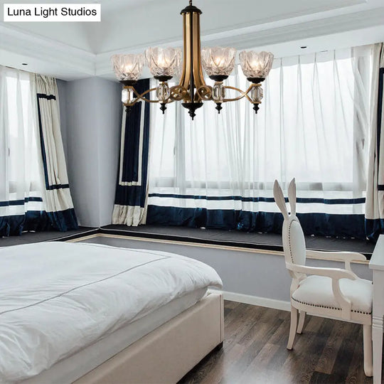 Brass Dome Pendant Light Fixture With Clear Glass Shade - Modern 5-Head Chandelier Lighting