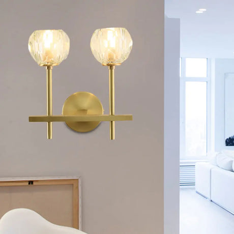 Brass Faceted Sconce With Crystal Shade - Minimalist Wall Mounted Light Fixture / B