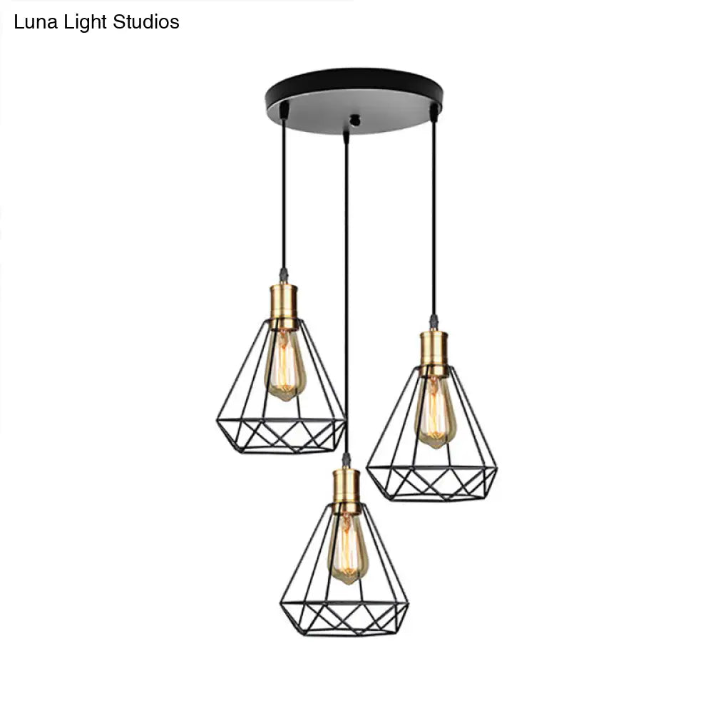 Brass Farmhouse Hanging Lamp With Teardrop Cage Shade And 3 Suspended Bulbs