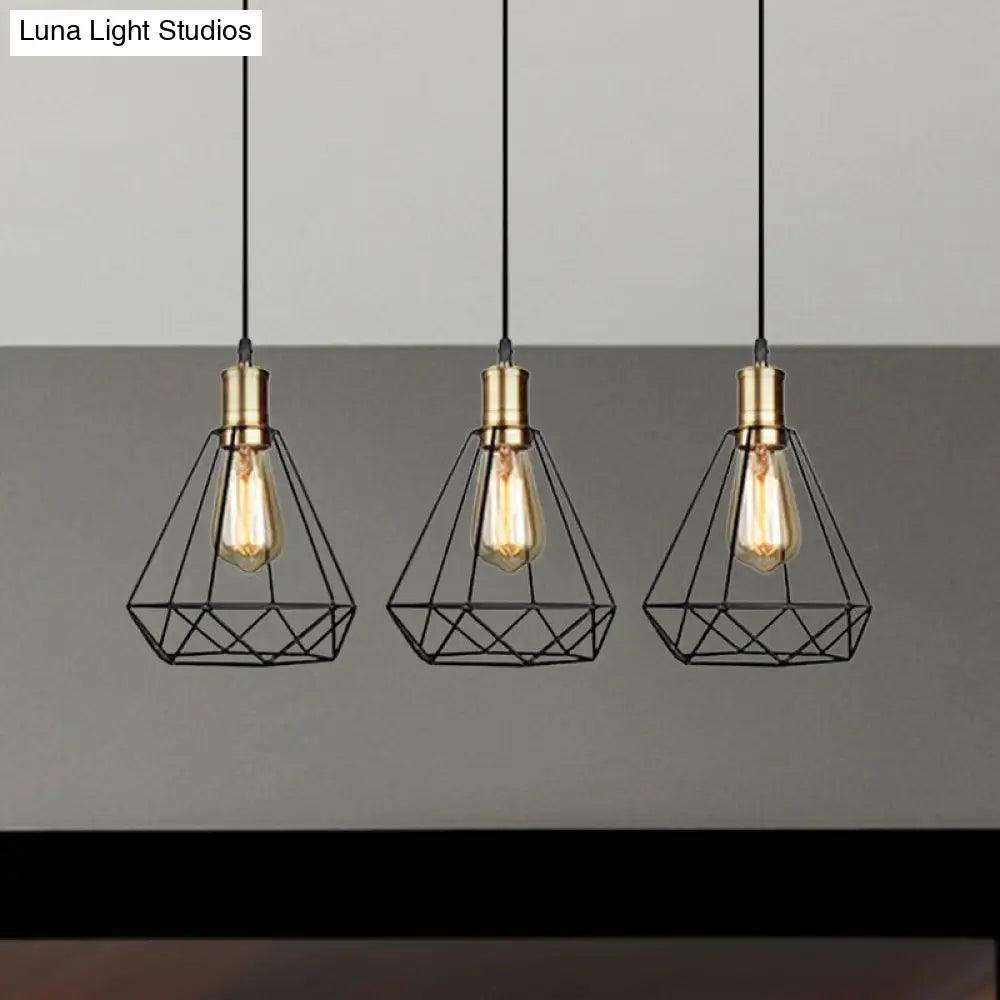 Farmhouse Teardrop Cage Shade Metal Hanging Lamp With Brass Canopy - 3 Heads