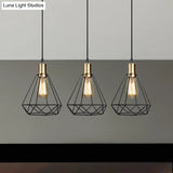 Brass Farmhouse Hanging Lamp With Teardrop Cage Shade And 3 Suspended Bulbs