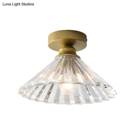 Brass Flush Mount Ceiling Light With Clear Ridged Glass - Traditional Tapered Single Head Lamp