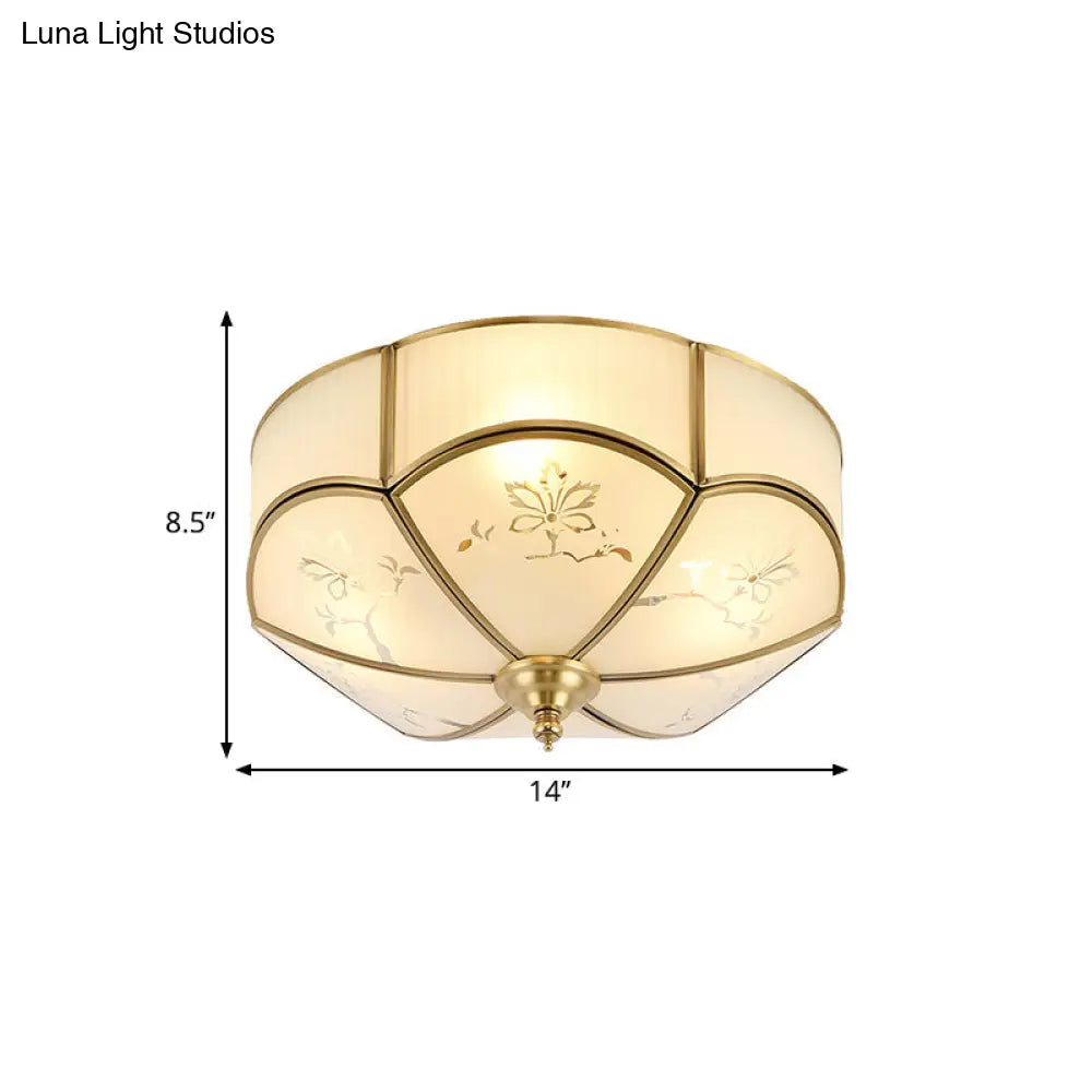 Brass Flush Mount Lamp With Colonial Sandblasted Glass - 3/4/6 Head Options