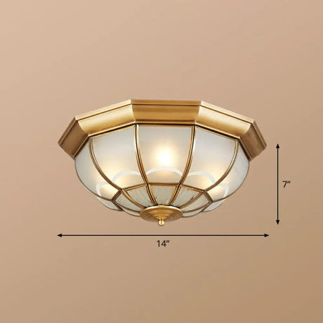 Brass Flush Mount Lamp With Frost Glass Dome – Classic Bedroom Ceiling Lighting Fixture / 14’