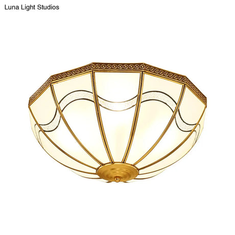 Brass Inverted Flush Ceiling Lamp With Milky Glass 4 Lights And Wave Pattern - Ideal For Bedrooms