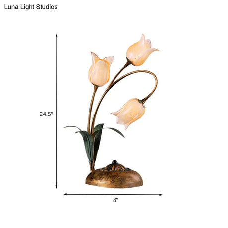 Brass Led Nightstand Light With Tulip Metal Design For Living Room - American Garden Theme