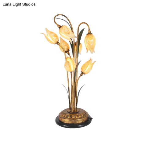 Brass Led Nightstand Light With Tulip Metal Design For Living Room - American Garden Theme