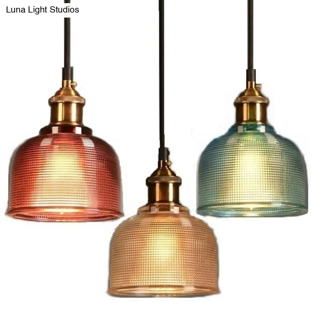 Brass Loft Style Single-Bulb Pendant Ceiling Light With Lattice Glass Bowl Design