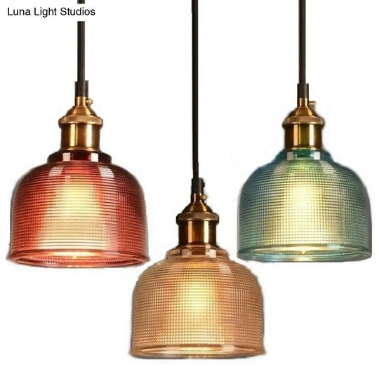 Brass Loft Style Single-Bulb Pendant Ceiling Light With Lattice Glass Bowl Design