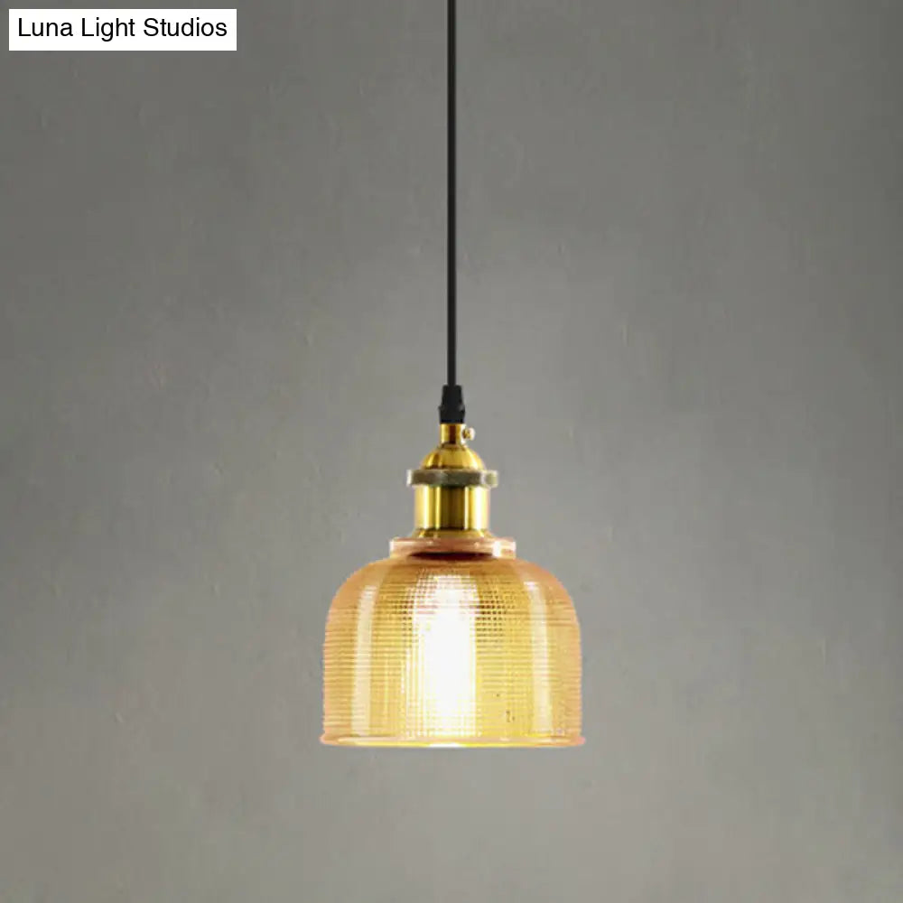 Lattice Glass Bowl Pendant Light - Loft Style Brass Suspension Ceiling Fixture / Amber