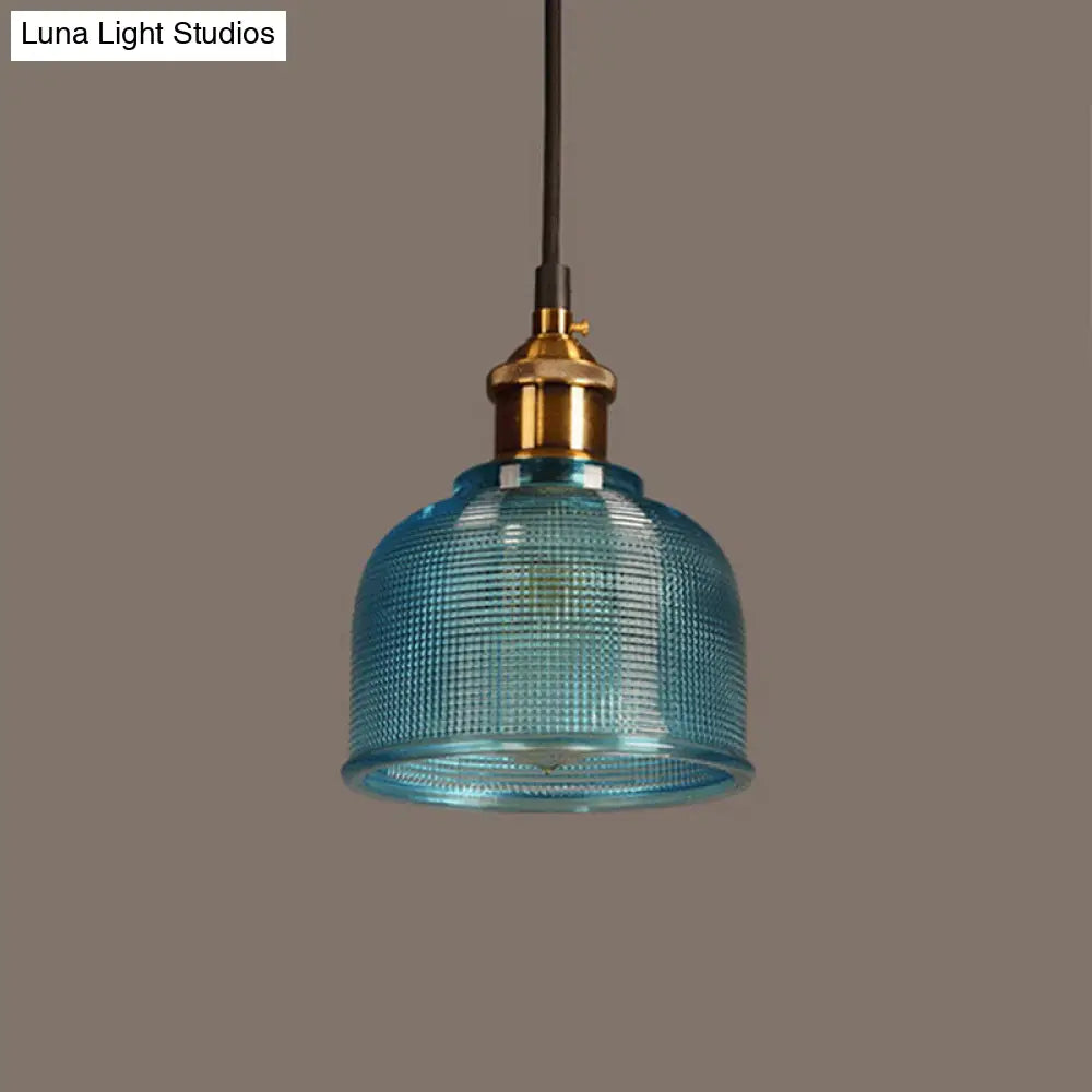 Lattice Glass Bowl Pendant Light - Loft Style Brass Suspension Ceiling Fixture / Blue