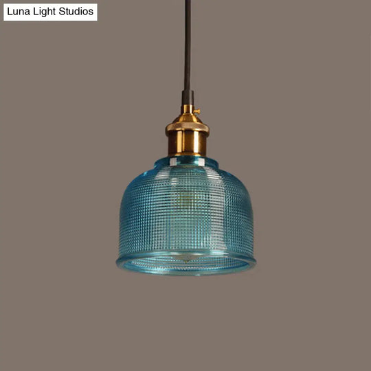 Lattice Glass Bowl Pendant Light - Loft Style Brass Suspension Ceiling Fixture / Blue