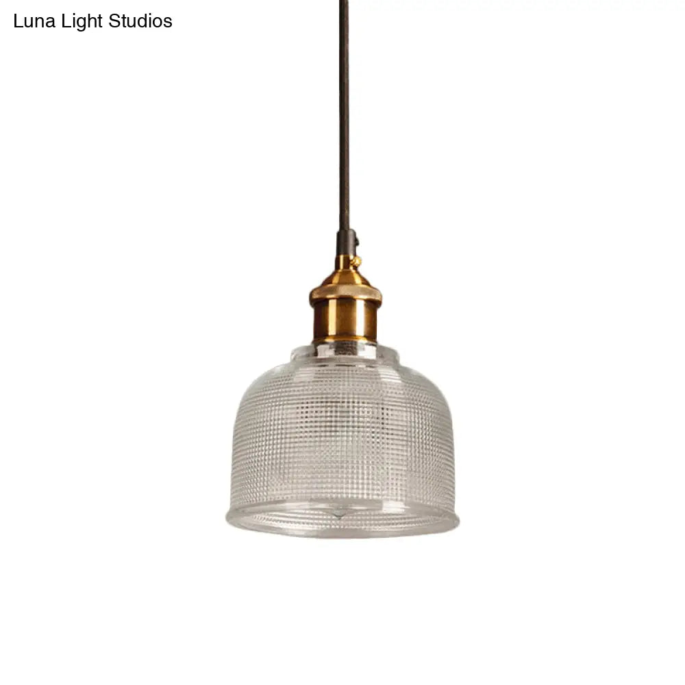 Brass Loft Style Single-Bulb Pendant Ceiling Light With Lattice Glass Bowl Design / Clear