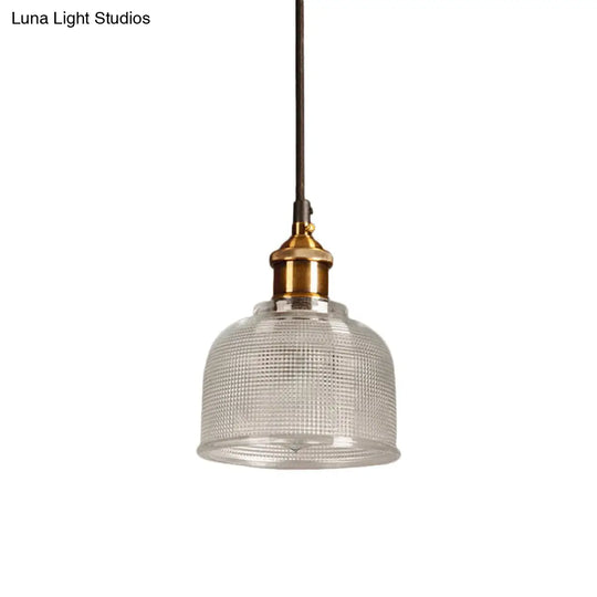 Brass Loft Style Single-Bulb Pendant Ceiling Light With Lattice Glass Bowl Design / Clear