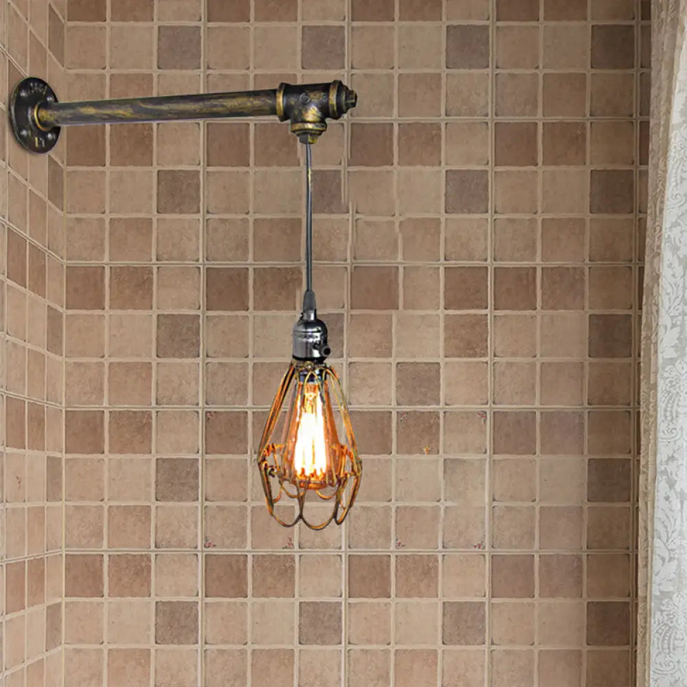 Brass Metal Caged Wall Sconce Lamp - Industrial Pipe Light For Restaurants 1 Bulb Mount