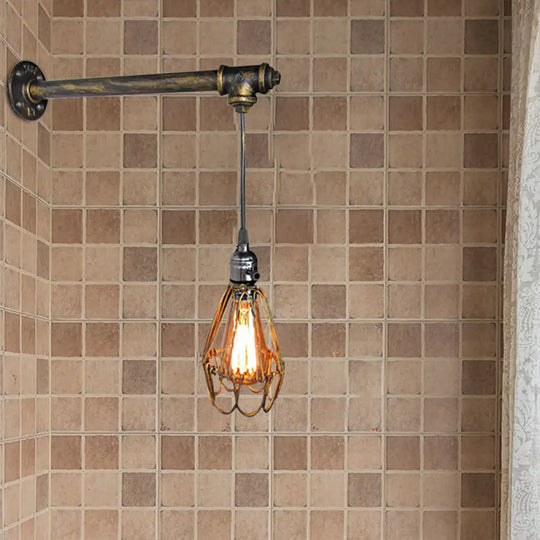 Brass Metal Caged Wall Sconce Lamp - Industrial Pipe Light For Restaurants 1 Bulb Mount