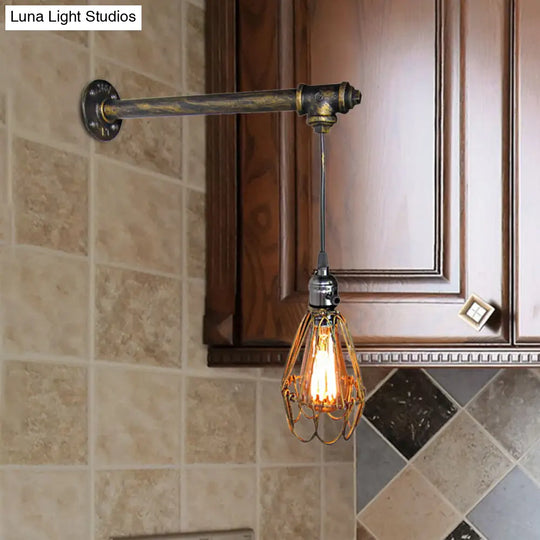 Brass Metal Caged Wall Sconce Lamp - Industrial Pipe Light For Restaurants 1 Bulb Mount