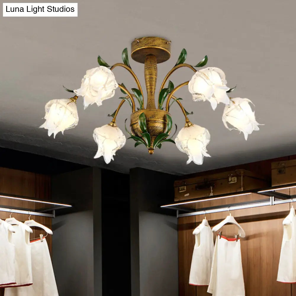 Brass Metal Led Ceiling Light: Countryside Flower Style 6/8/10 Bulbs Semi Flush Mount For Bedroom 6