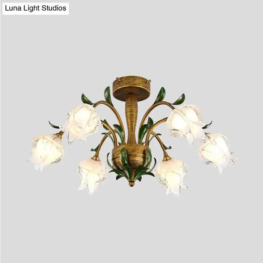 Brass Metal Led Ceiling Light: Countryside Flower Style 6/8/10 Bulbs Semi Flush Mount For Bedroom