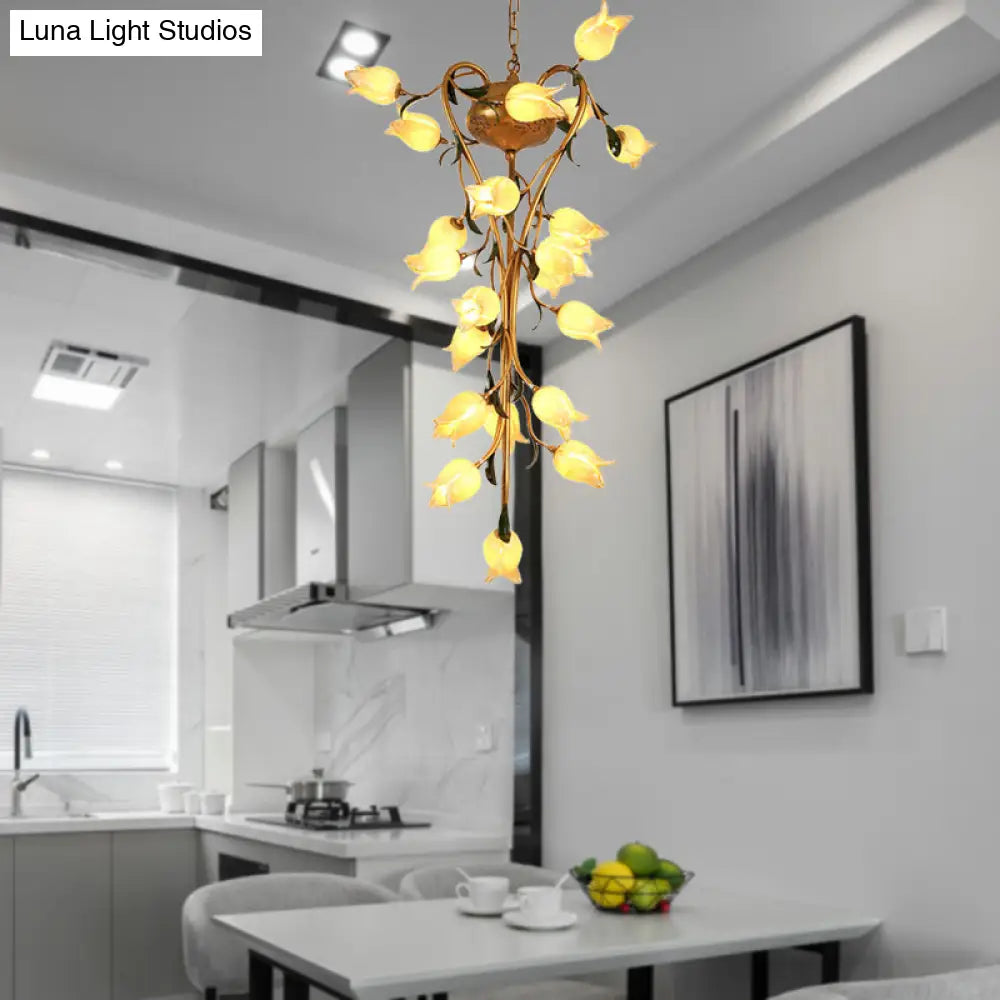 Brass Metal Led Pendant Ceiling Light - American Flower Chandelier Fixture With 21 Heads For Kitchen