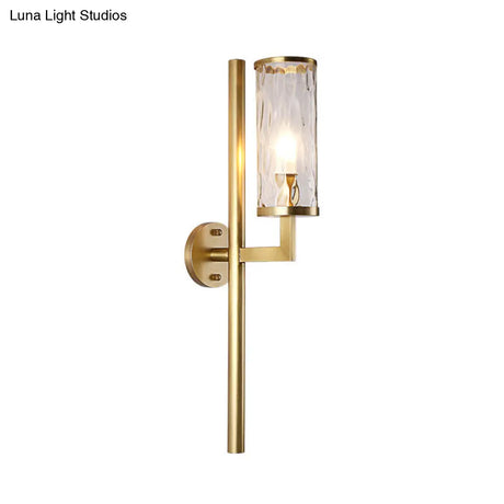 Brass Modernist Cylinder Sconce Light Fixture With Clear Water Glass - Corner Wall Lamp (1 Light)