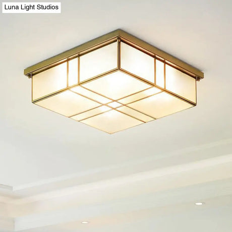 Brass Opal Glass Ceiling Light Fixture - 2 - Bulb Cubic Flush Mount Lamp For Bedroom