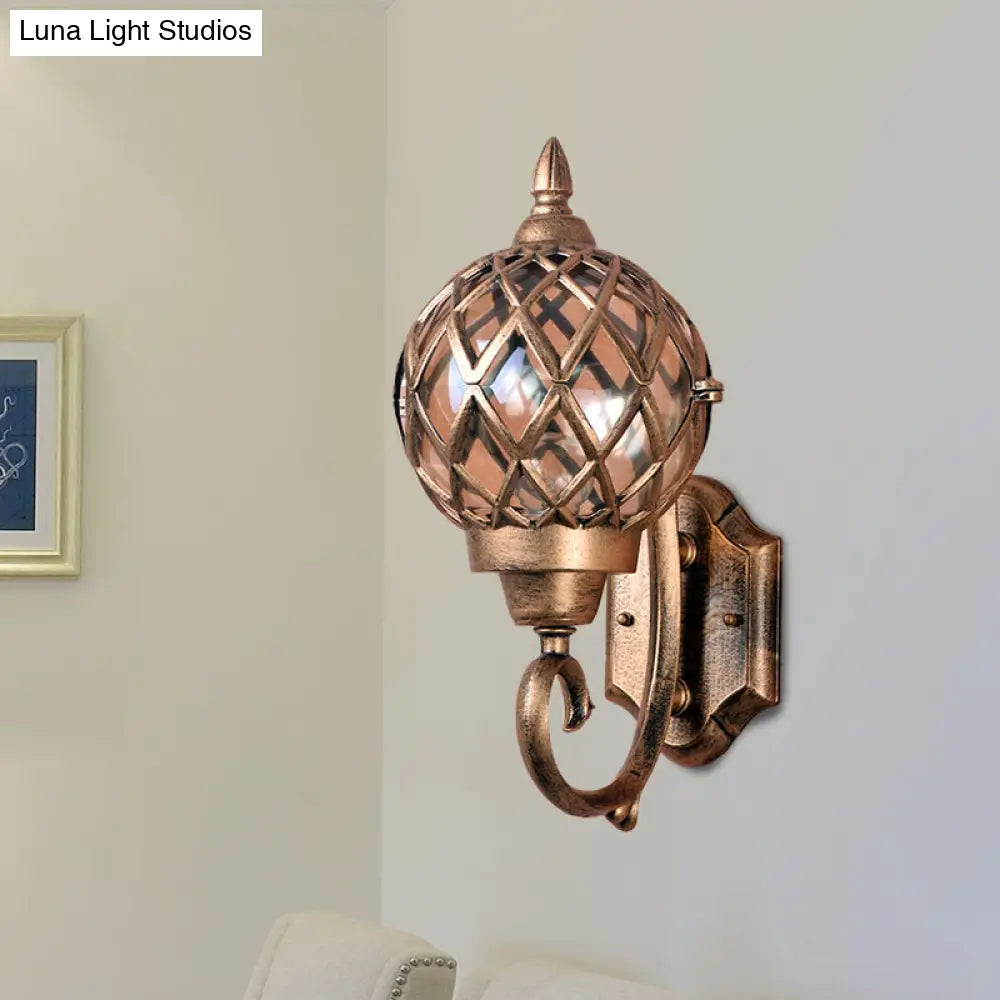 Brass Outdoor Wall Mount Lamp With Clear Glass Globe Cage And 1-Bulb Sconce Lighting