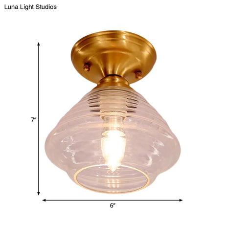 Brass Prismatic Glass Dome/Cone/Barn Flush Mount Light Fixture - Colonial Style 1 Head Porch