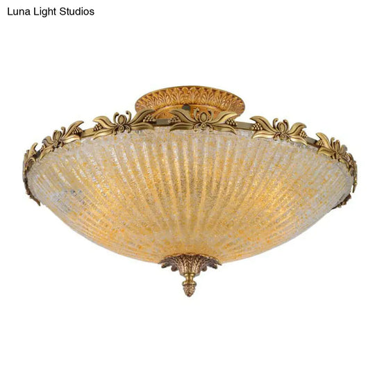 Brass Semi-Flush Antiqued Bowl Light With Clear Variegated Glass / 20.5