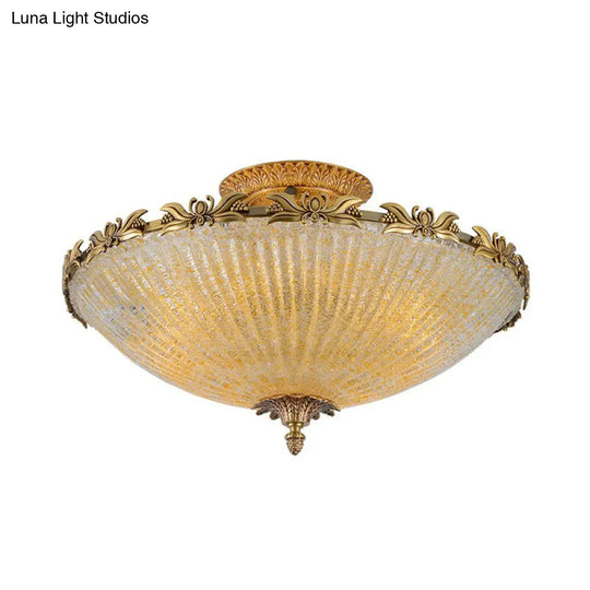 Brass Semi-Flush Antiqued Bowl Light With Clear Variegated Glass