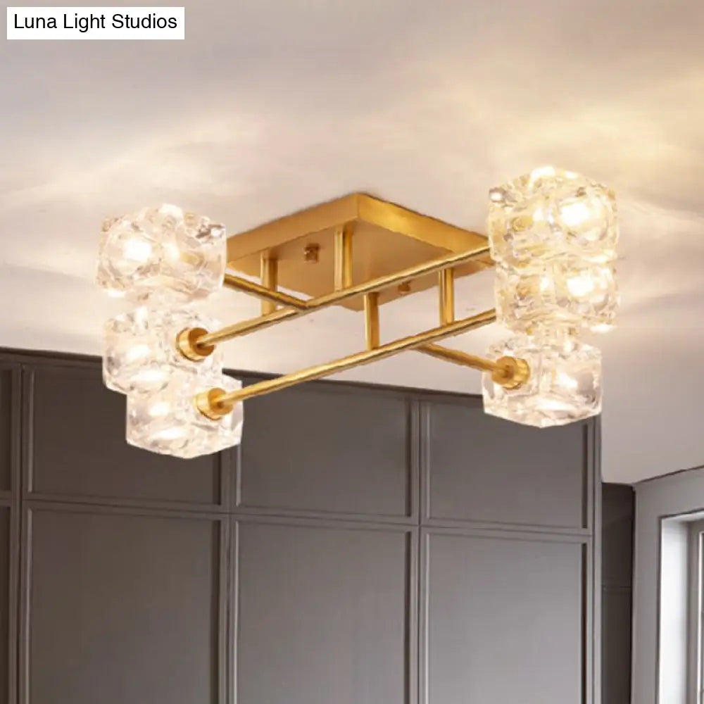Brass Semi Flush Crystal Bedroom Ceiling Light - Contemporary Square Design 4/6 Fixture 6 /