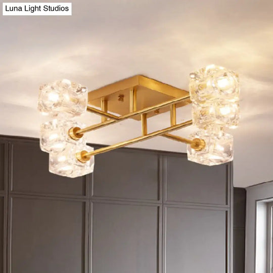 Brass Semi Flush Crystal Bedroom Ceiling Light - Contemporary Square Design 4/6 Fixture 6 /