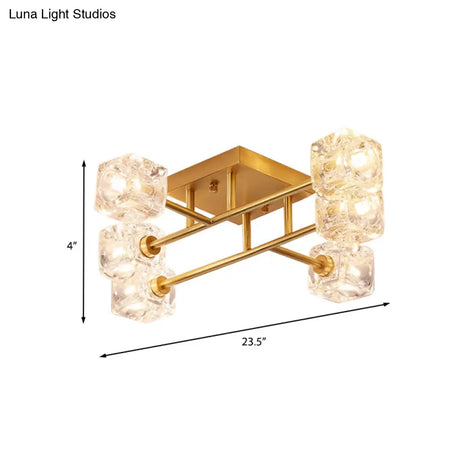 Brass Semi Flush Crystal Bedroom Ceiling Light - Contemporary Square Design 4/6 Fixture