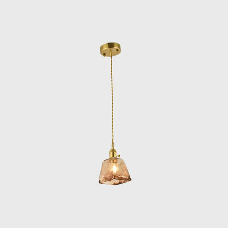 Brass Shaded Drop Pendant Vintage Handmade Tan Glass 1-Bulb Living Room Pendulum Light / Trapezoid