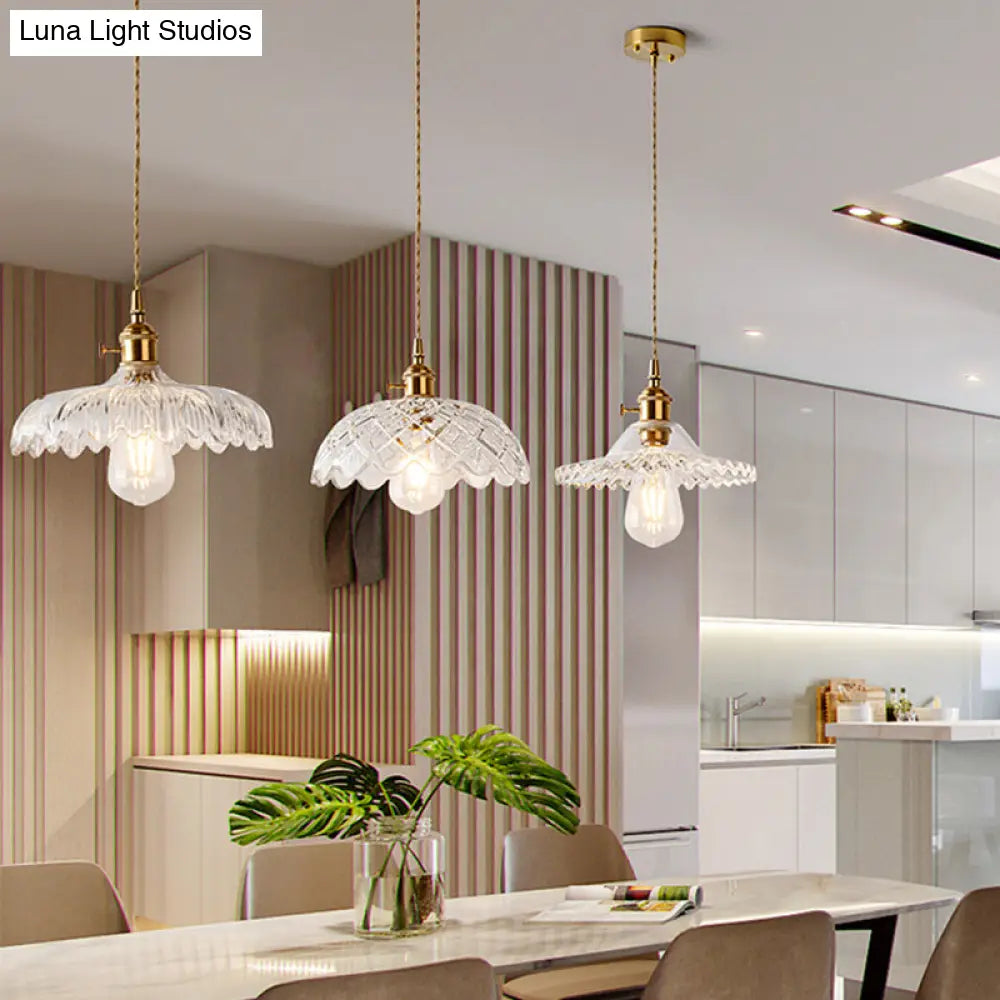Brass Shaded Textured Glass Pendant Light - Antique 1-Light Fixture For Restaurants