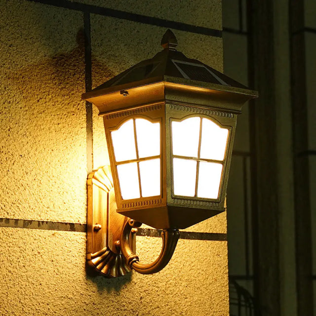 Brass Solar Led Wall Sconce With Antiqued Style Frosted Glass Small/Large House Lantern Light