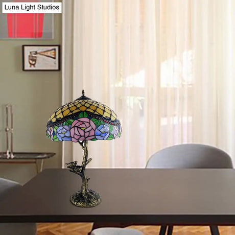 Brass Table Lamp: Stained Glass Leaf/Rose/Peony Tiffany Style Perfect For Bedroom Nightstand