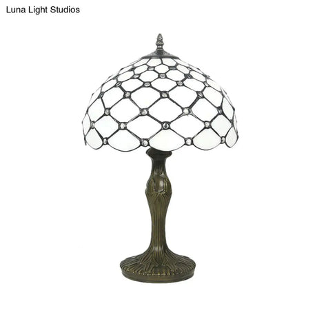 Brass Tiffany White Glass Beaded Task Lamp With Scalloped Edge - 1 Light Night Lighting